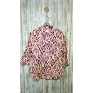 Chico's Linen Button Front Top Sz 2 / Large Button Back Southwestern Ikat